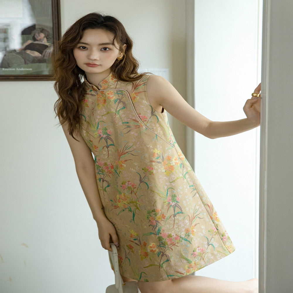 Sleeveless short style retro daily jacquard Hong Kong style qipao 2865 Chinese style heavy industry socialite light luxury dress image 4