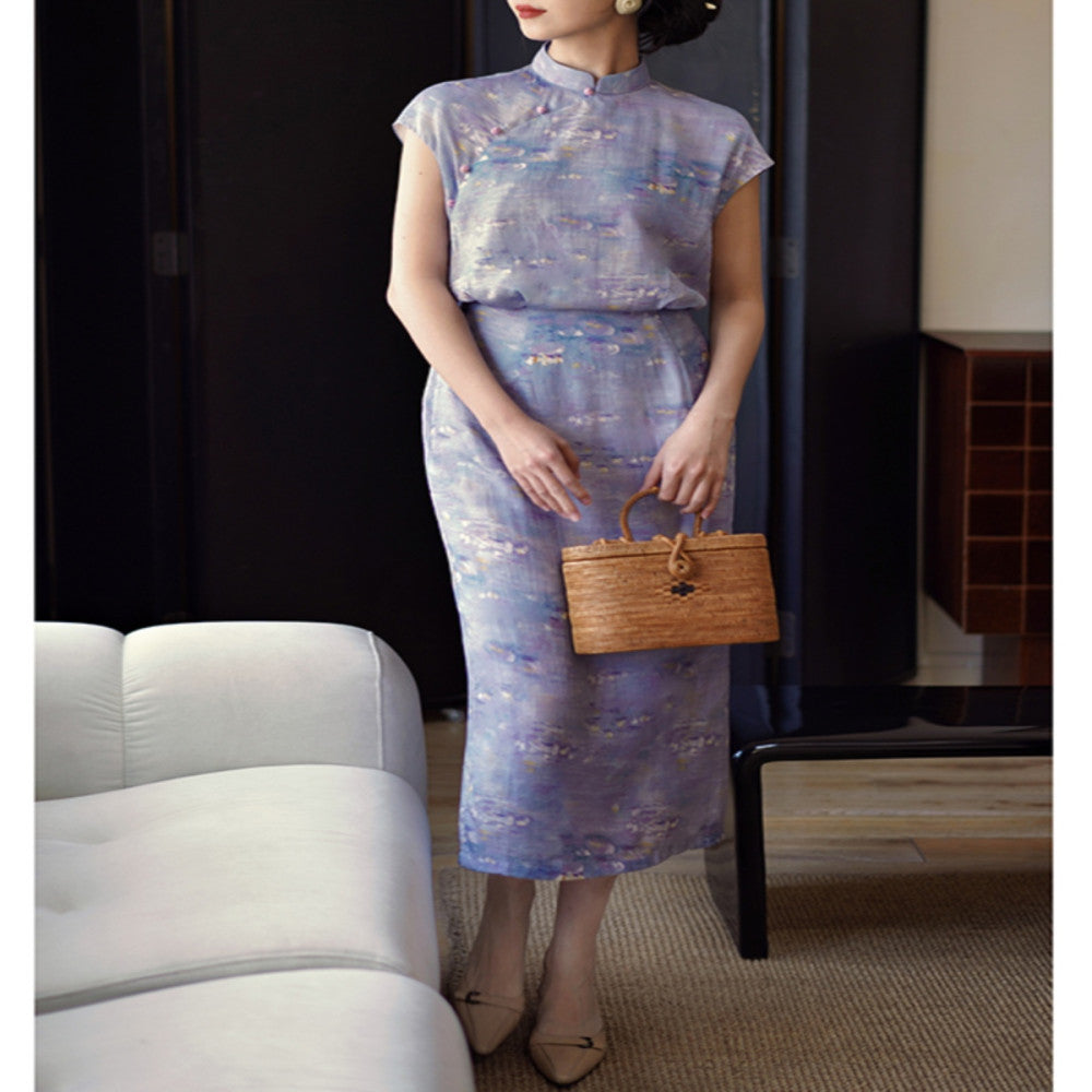 Ching s new Chinese retro contrasting color cheongsam with high waist for slimming commuting Monet garden oil painting style dress summer image 3