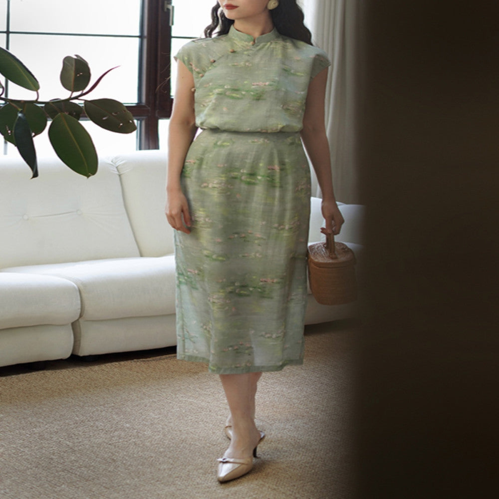 Ching s new Chinese retro contrasting color cheongsam with high waist for slimming commuting Monet garden oil painting style dress summer image 5