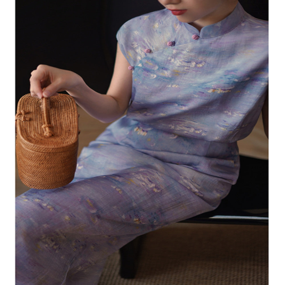 Ching s new Chinese retro contrasting color cheongsam with high waist for slimming commuting Monet garden oil painting style dress summer image 0