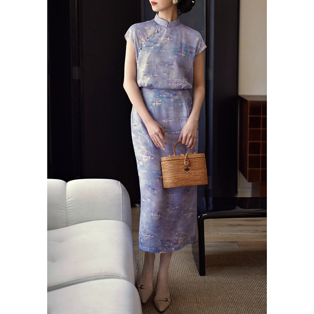 Ching s new Chinese retro contrasting color cheongsam with high waist for slimming commuting Monet garden oil painting style dress summer image 12