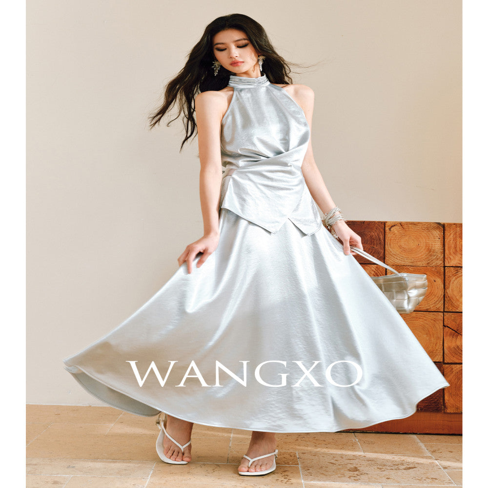 WANGXO Mao Linlin Same Style Pearl Shining Luxury Gilded Satin Hanging Neck and Waist Top Umbrella Skirt Set image 23