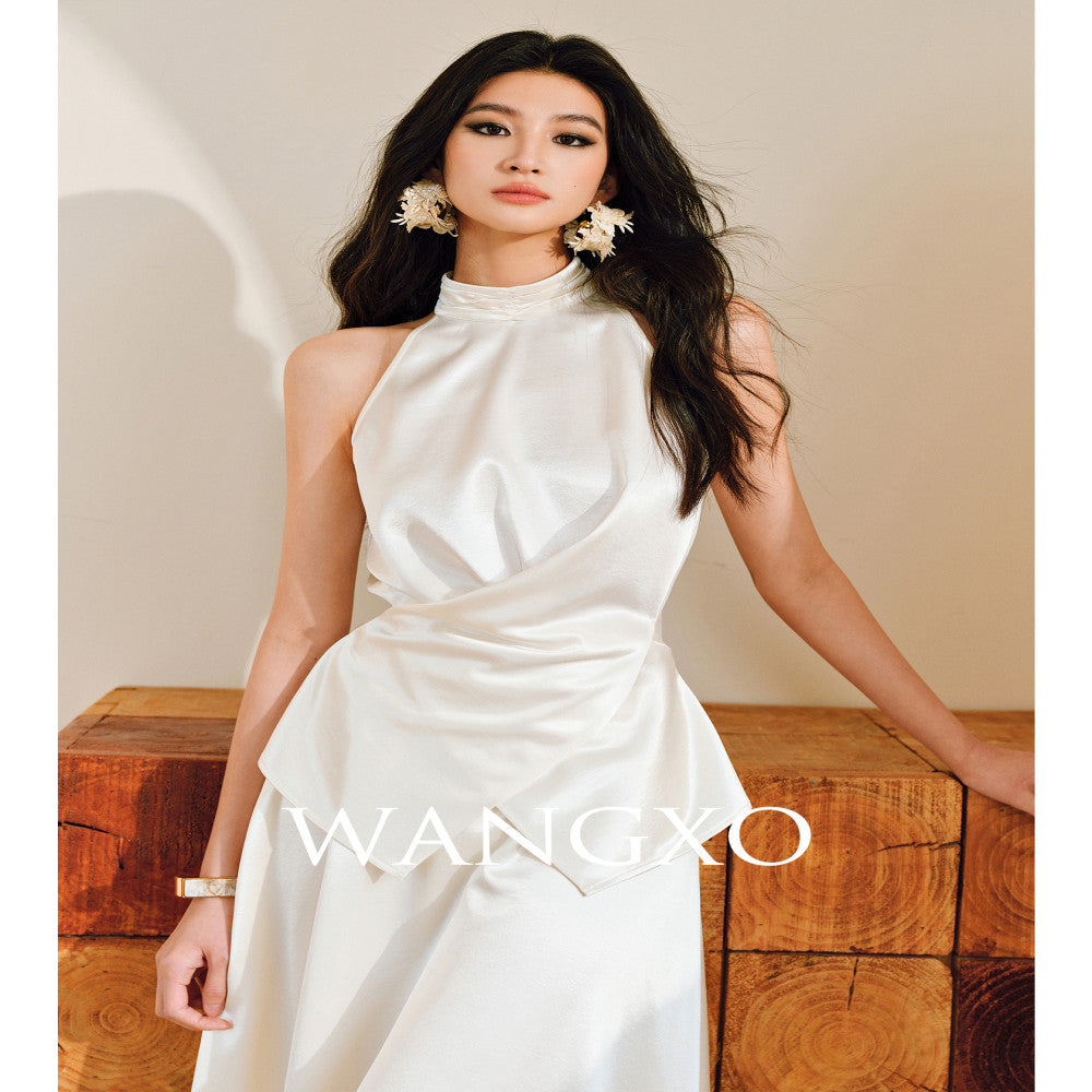WANGXO Mao Linlin Same Style Pearl Shining Luxury Gilded Satin Hanging Neck and Waist Top Umbrella Skirt Set image 0