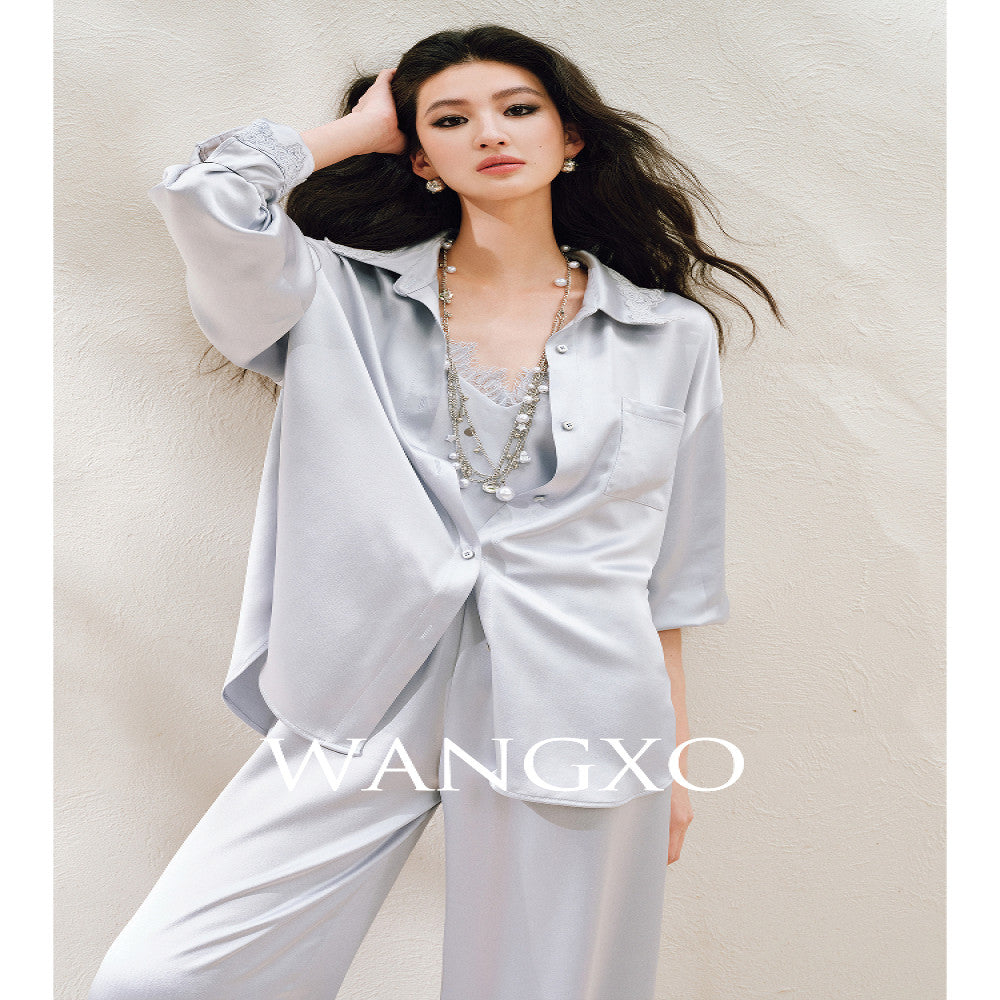 WANGXO Hemp Texture Flowing Acetic Acid Satin Light Luxury Lace Strap u0026Shirt u0026Pants 3 Piece Set image 2
