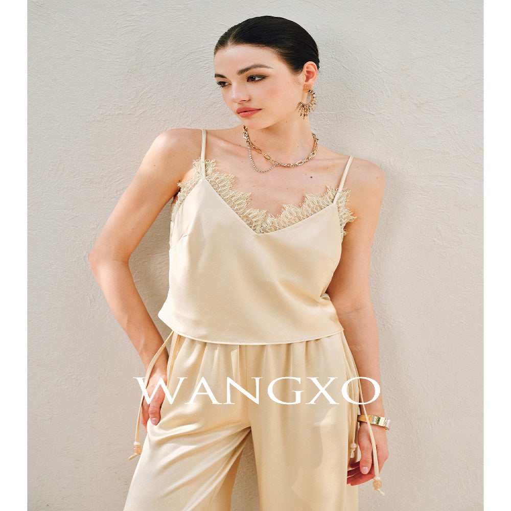 WANGXO Hemp Texture Flowing Acetic Acid Satin Light Luxury Lace Strap u0026Shirt u0026Pants 3 Piece Set image 3