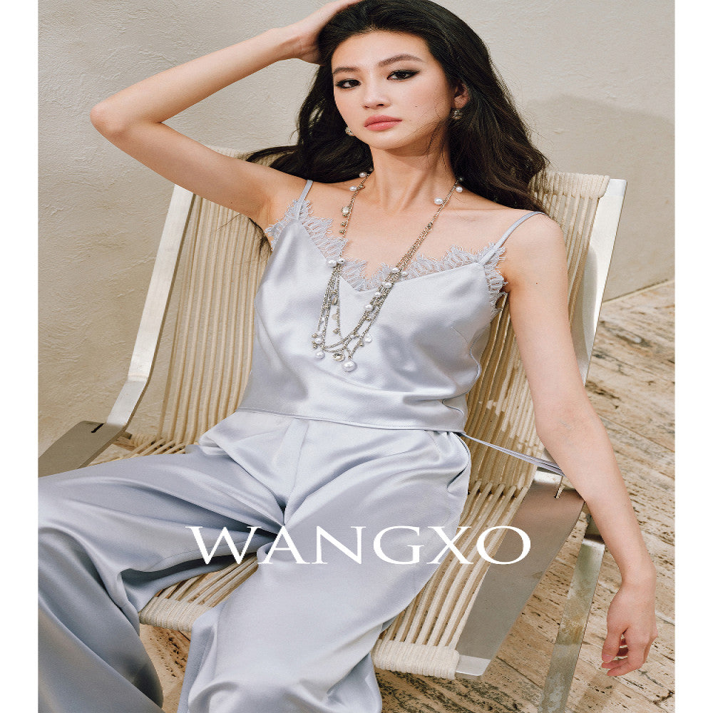 WANGXO Hemp Texture Flowing Acetic Acid Satin Light Luxury Lace Strap u0026Shirt u0026Pants 3 Piece Set image 5