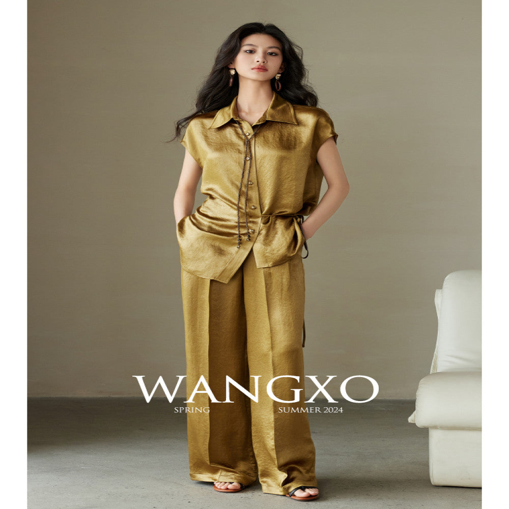 WANGXO 100 Acetic Acid Gloss Double sided Satin Special Paper Wrinkle Embossed Wrapping Top Wide Leg Pants Set image 2