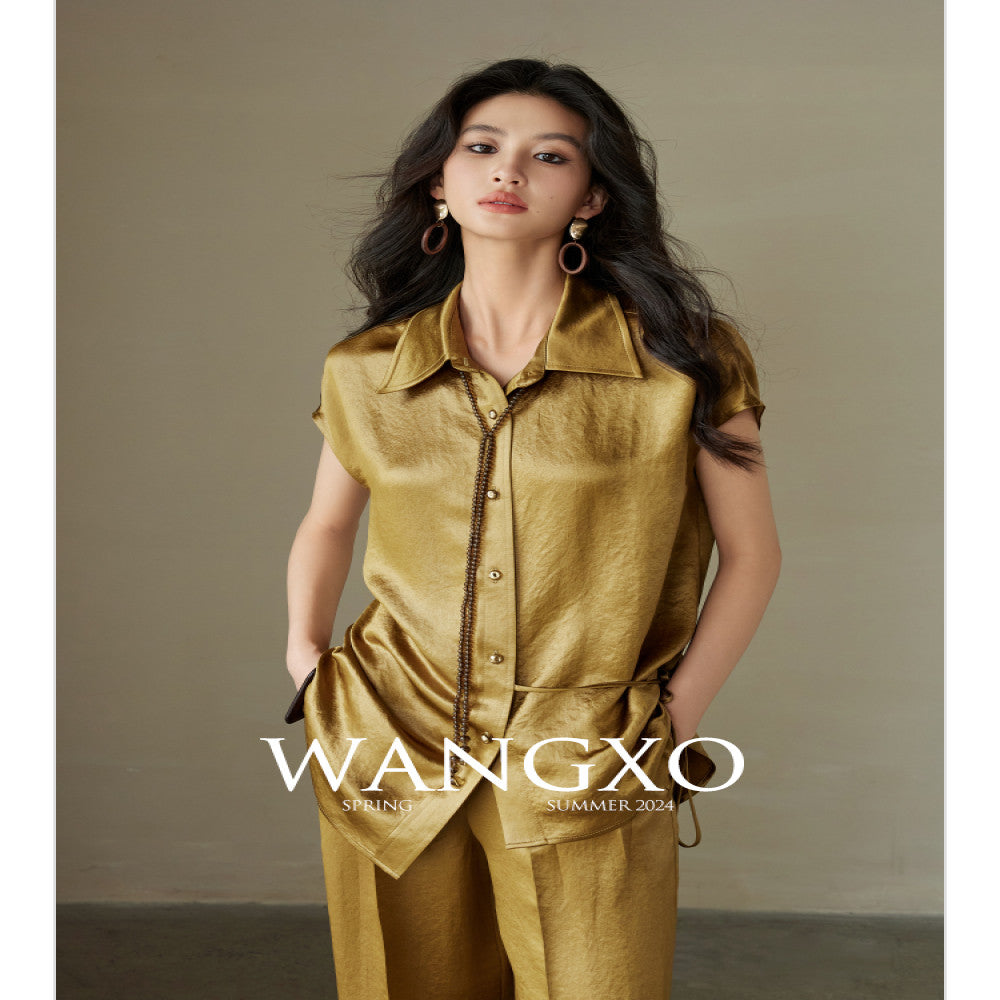 WANGXO 100 Acetic Acid Gloss Double sided Satin Special Paper Wrinkle Embossed Wrapping Top Wide Leg Pants Set image 0