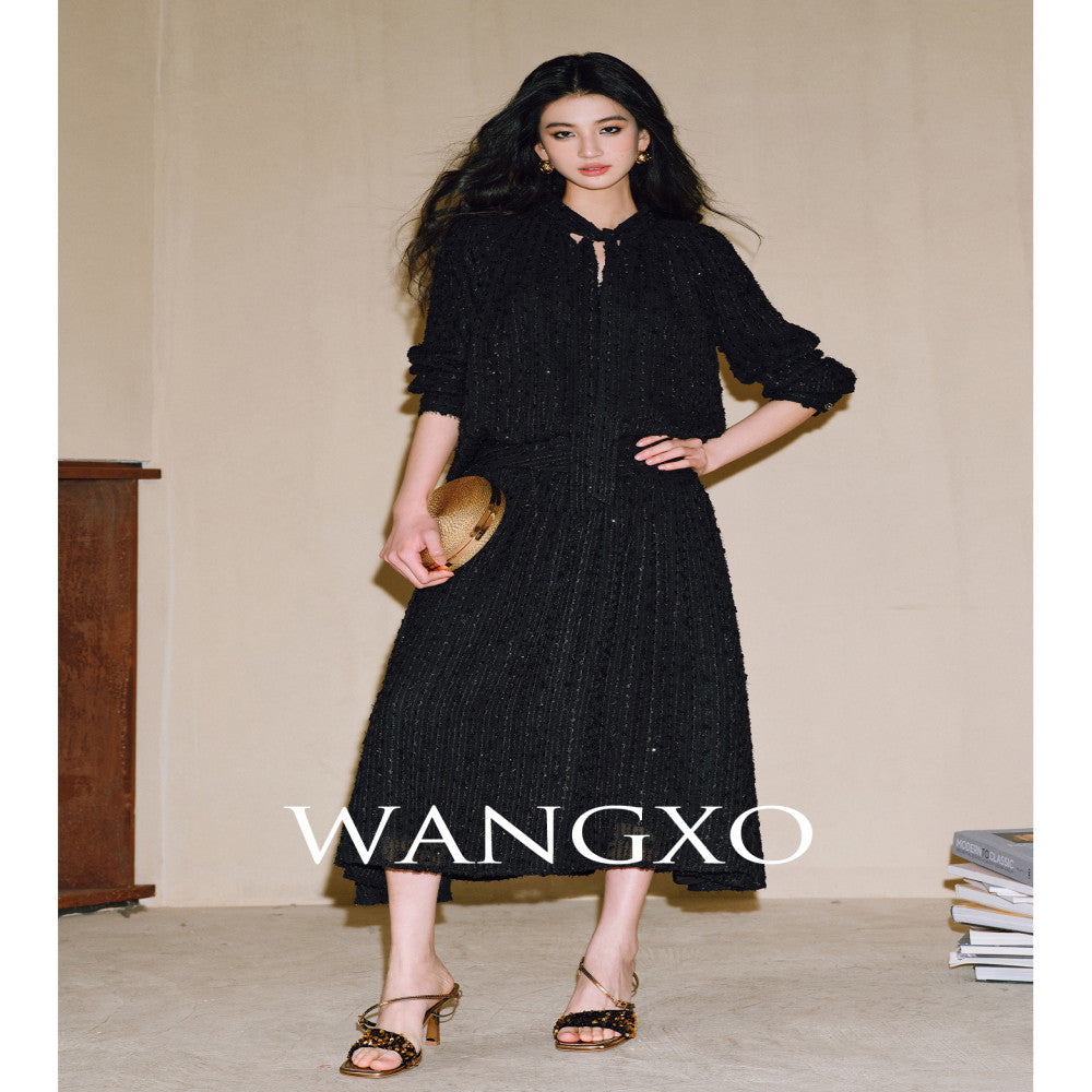 WANGXO Three dimensional particle jacquard semi transparent micro wrinkled texture Integrated ribbon V neck top and skirt set image 3