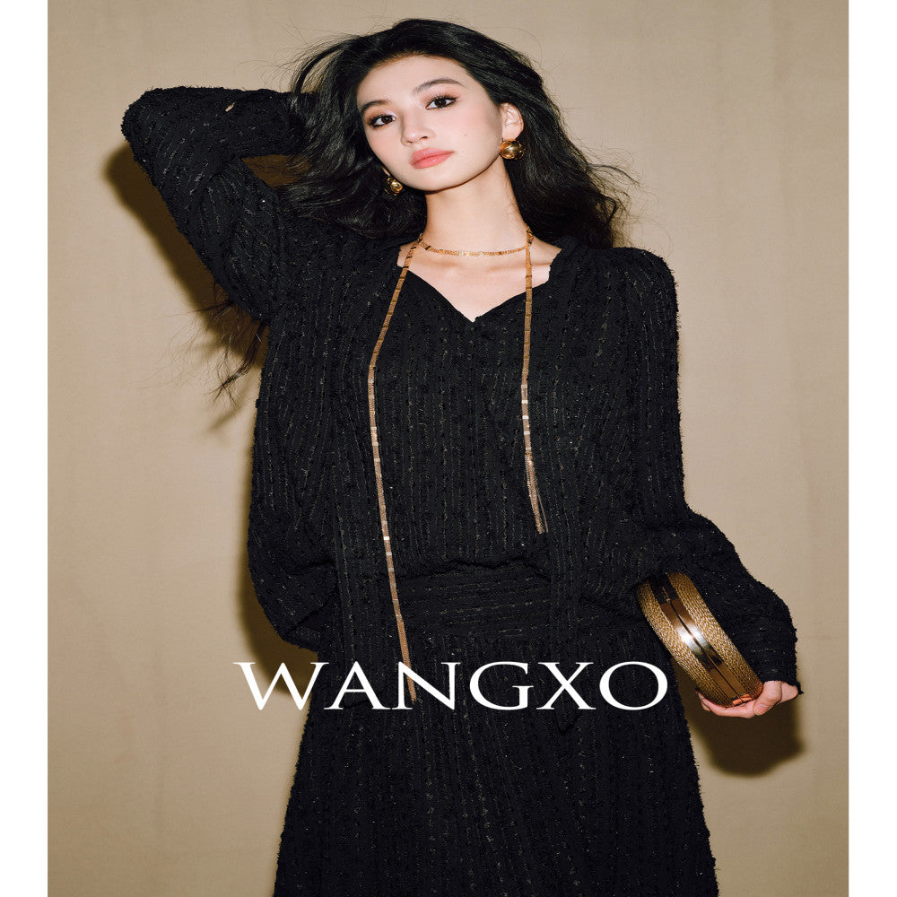 WANGXO Three dimensional particle jacquard semi transparent micro wrinkled texture Integrated ribbon V neck top and skirt set image 4