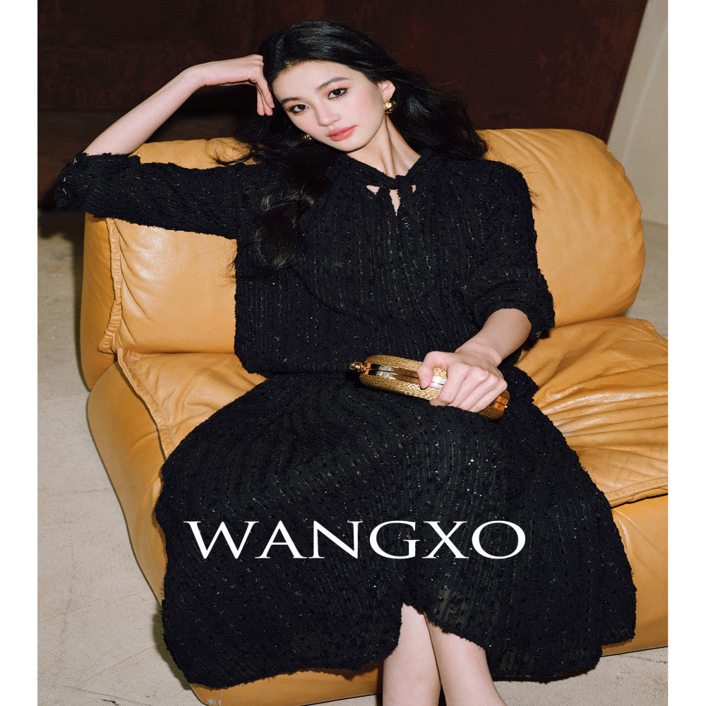 WANGXO Three dimensional particle jacquard semi transparent micro wrinkled texture Integrated ribbon V neck top and skirt set image 5