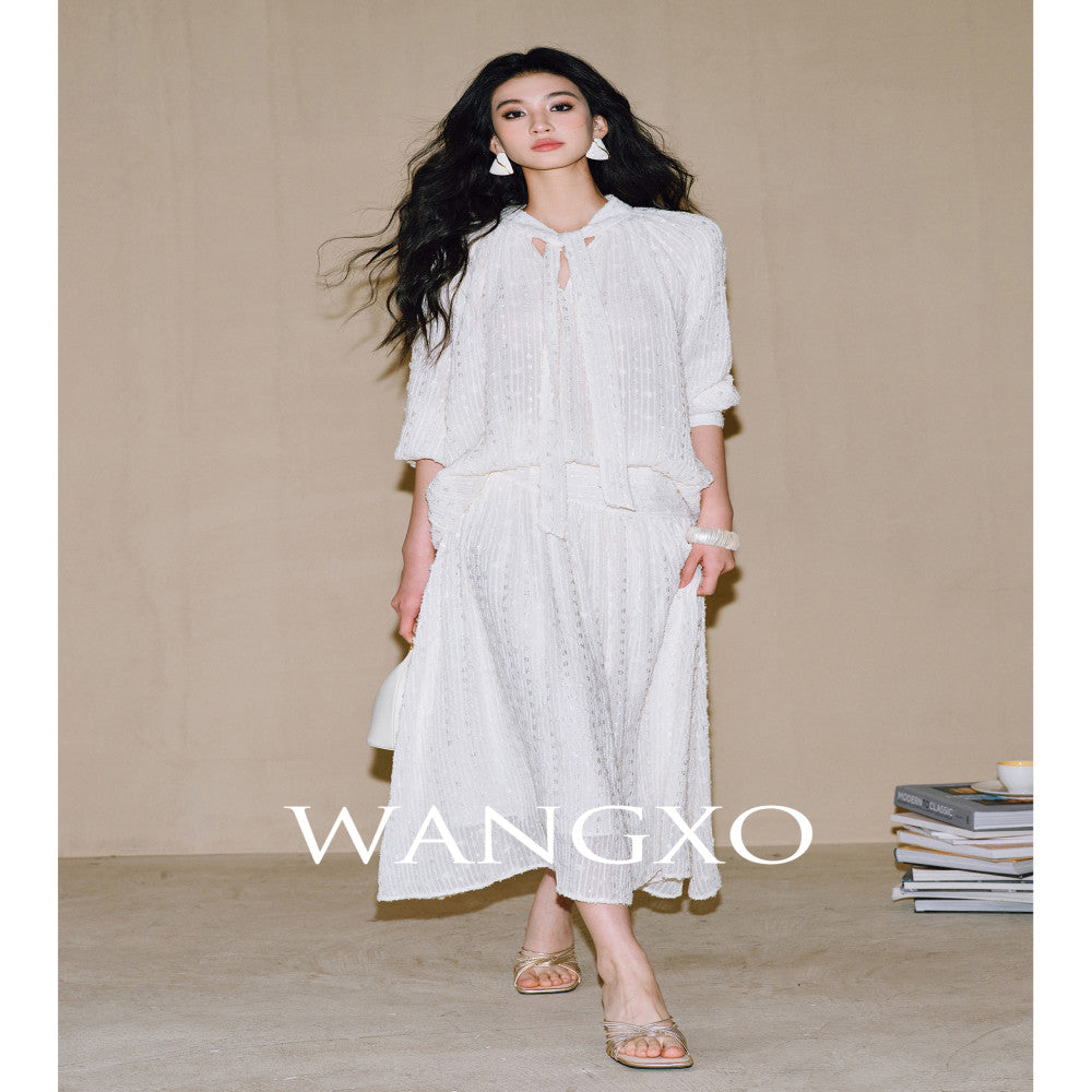 WANGXO Three dimensional particle jacquard semi transparent micro wrinkled texture Integrated ribbon V neck top and skirt set image 0