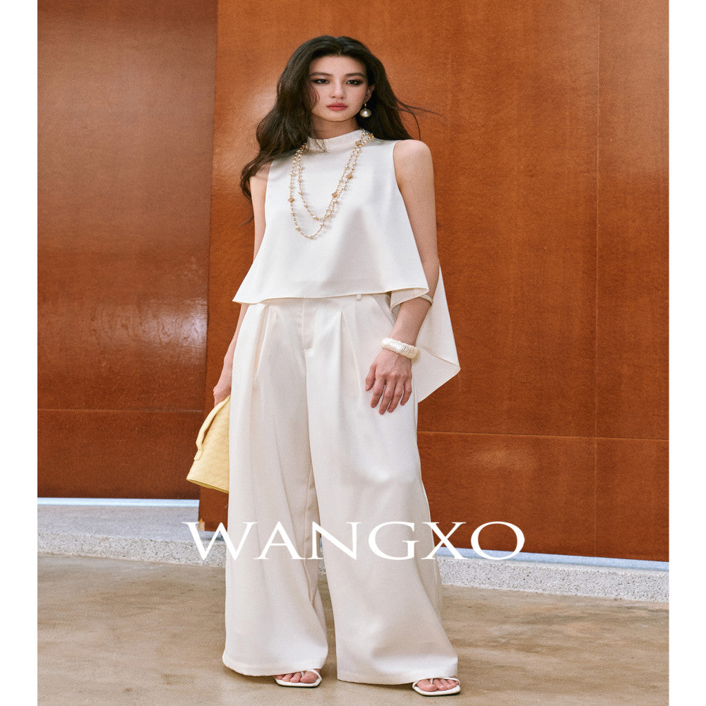 WANGXO High density twill satin with a silky feel A piece sleeveless top u0026slimming pleated wide leg pants image 2