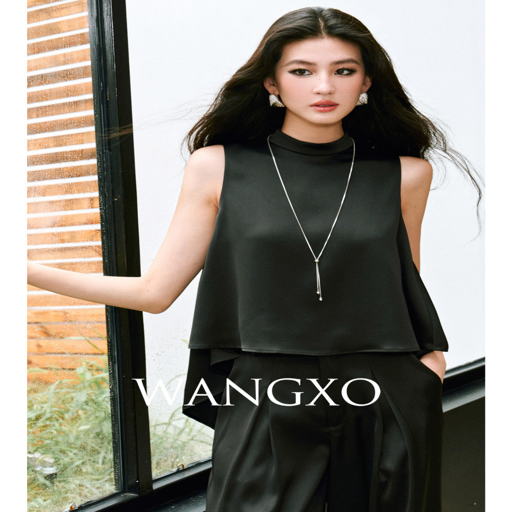 WANGXO High density twill satin with a silky feel A piece sleeveless top u0026slimming pleated wide leg pants image 4
