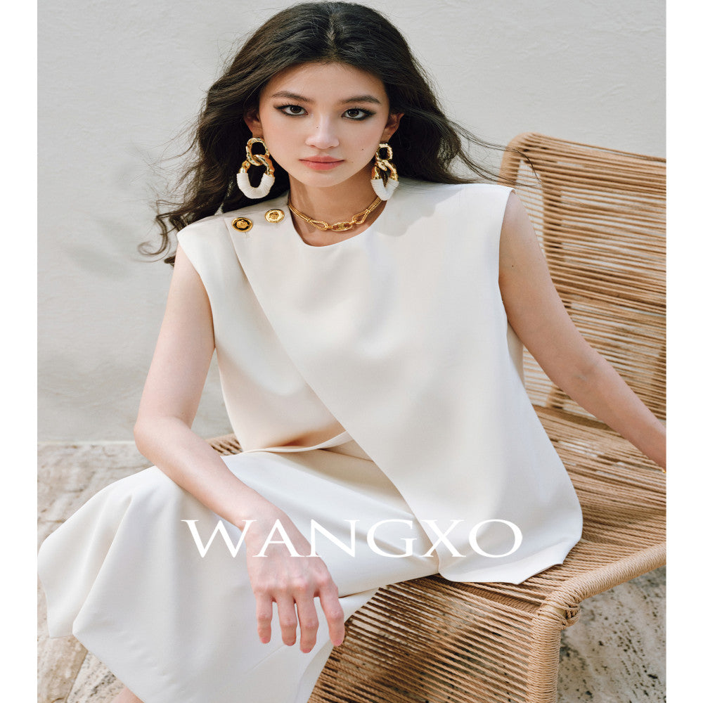WANGXO Imported twisted drape fabric Elegant commuting slanted placket with pleated slit vest half skirt set image 1