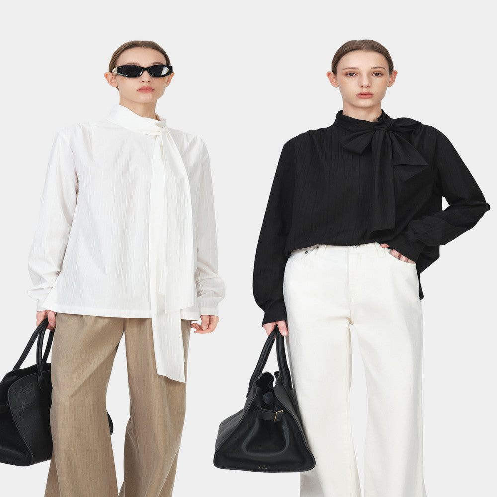 Marllen wears French retro style clothes with multiple ribbons bow ties white shirts loose casual tops for women in spring image 0