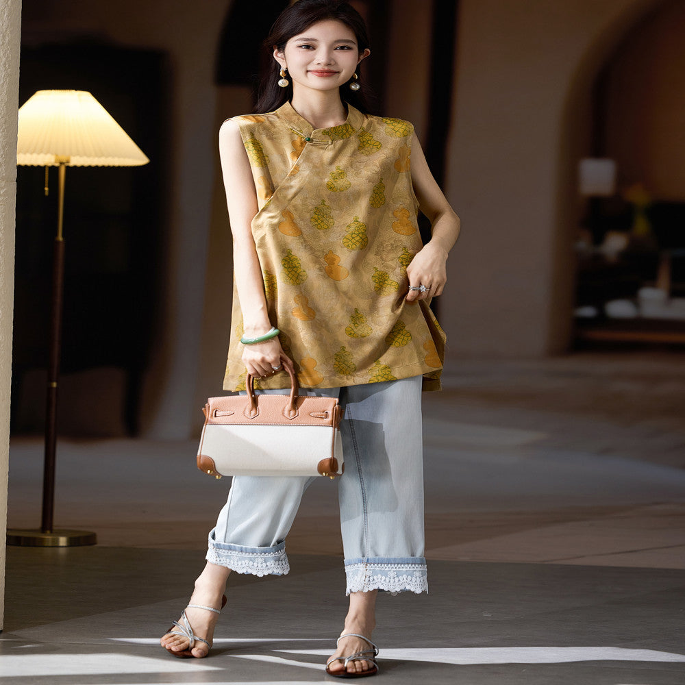 Plain wood temperament jacquard button up shirt for women s summer plus size new Chinese style top 2025 new loose shirt trend image 3