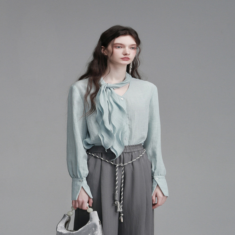 XINXINYUE dynamic aesthetic air blue cotton ruffle edge ribbon shirt image 1