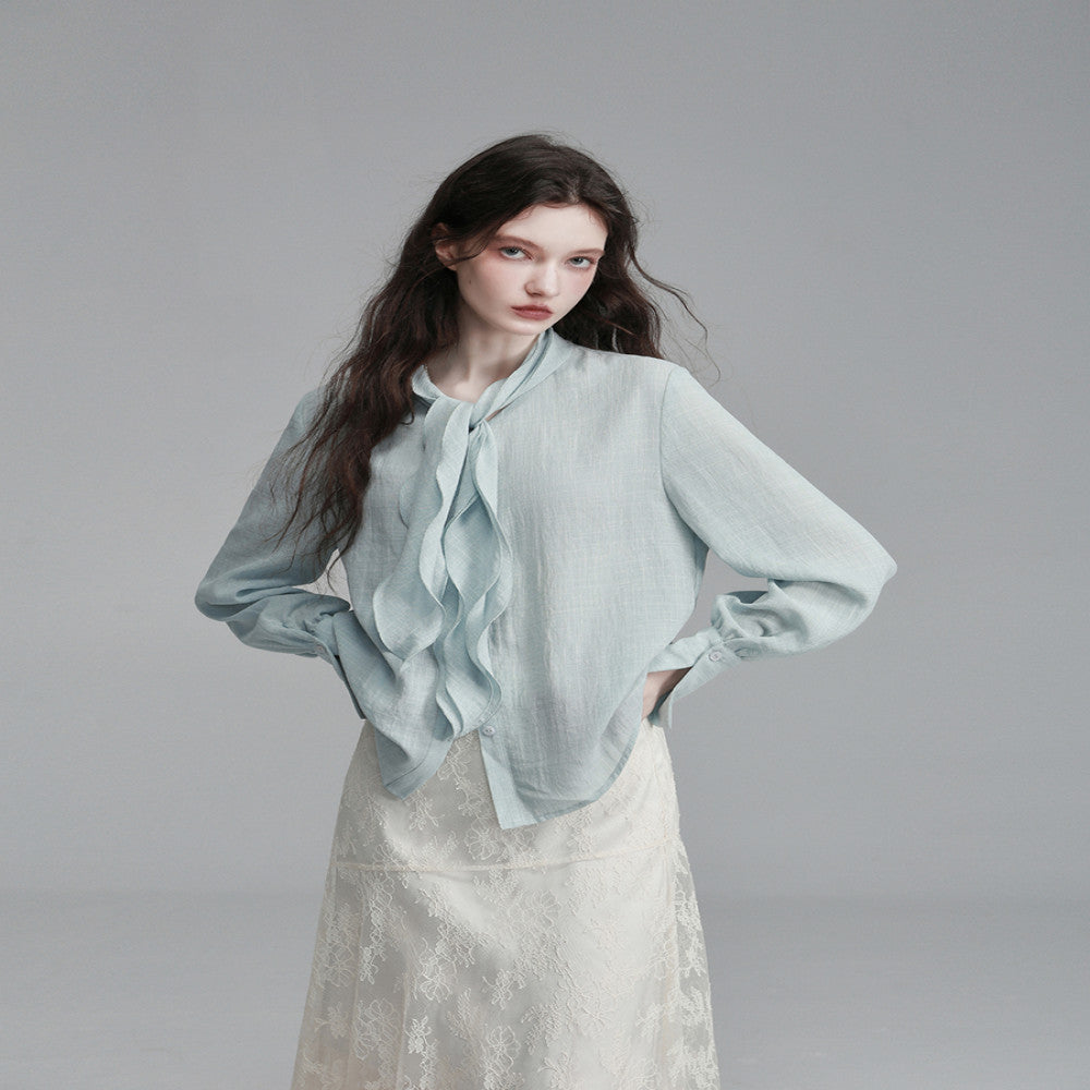 XINXINYUE dynamic aesthetic air blue cotton ruffle edge ribbon shirt image 3