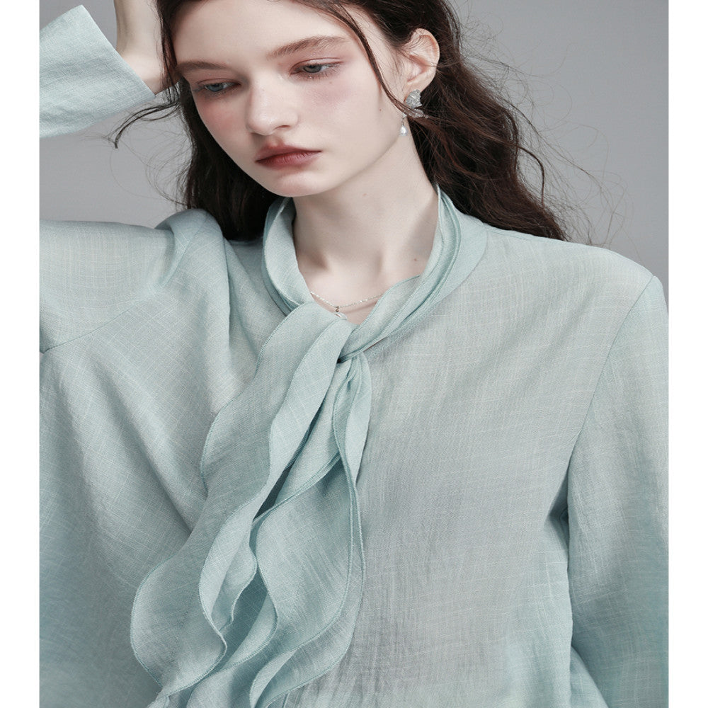 XINXINYUE dynamic aesthetic air blue cotton ruffle edge ribbon shirt image 4