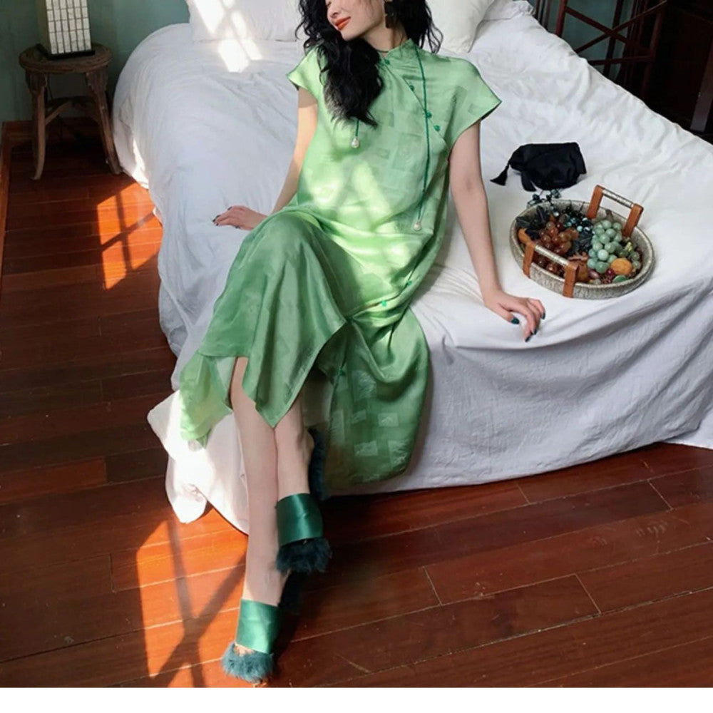 Morning Robe Female Bride Improved Loose Cheongsam 2025 New Chinese Style Green Dress Summer Zen Tea Dress image 5