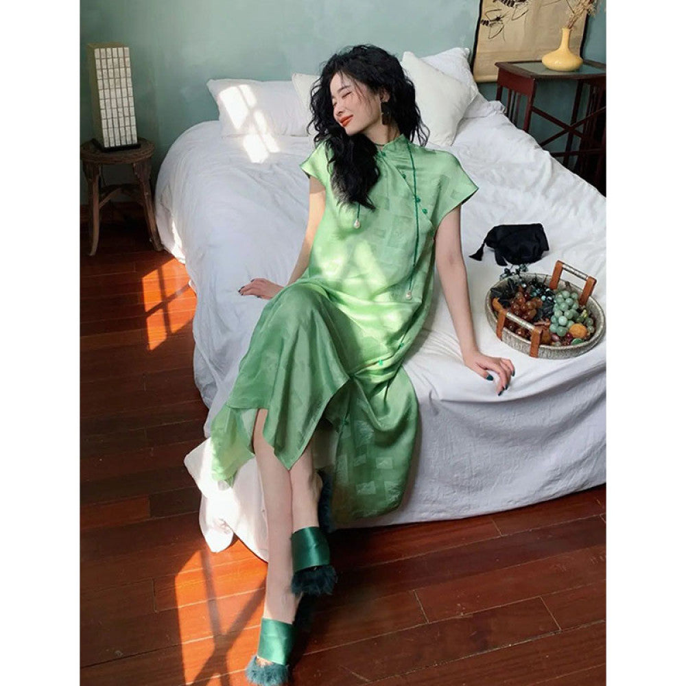 Morning Robe Female Bride Improved Loose Cheongsam 2025 New Chinese Style Green Dress Summer Zen Tea Dress image 11