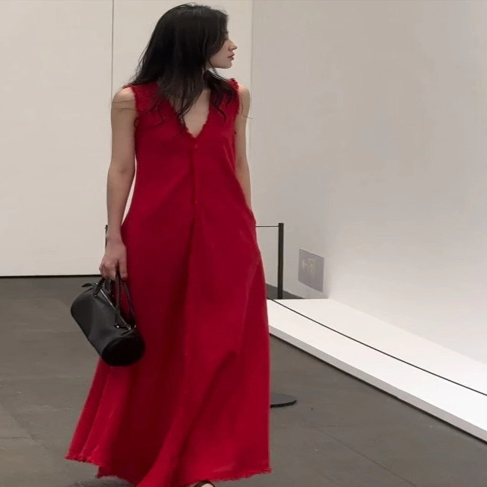 French petite bourgeoisie simple and elegant high end red vest dress autumn women 2025 new style temperament waist pinching long skirt image 1