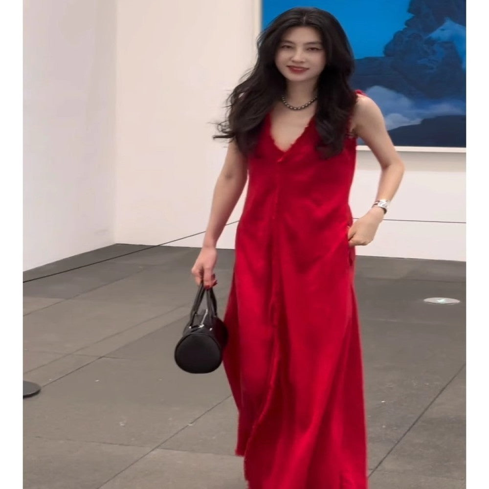 French petite bourgeoisie simple and elegant high end red vest dress autumn women 2025 new style temperament waist pinching long skirt image 2