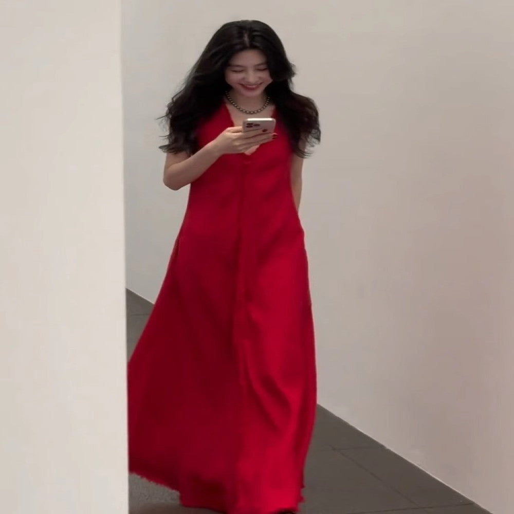 French petite bourgeoisie simple and elegant high end red vest dress autumn women 2025 new style temperament waist pinching long skirt image 4