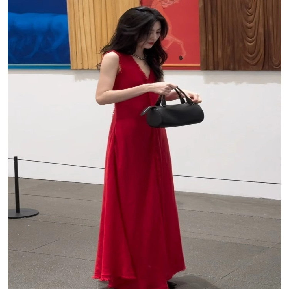 French petite bourgeoisie simple and elegant high end red vest dress autumn women 2025 new style temperament waist pinching long skirt image 5