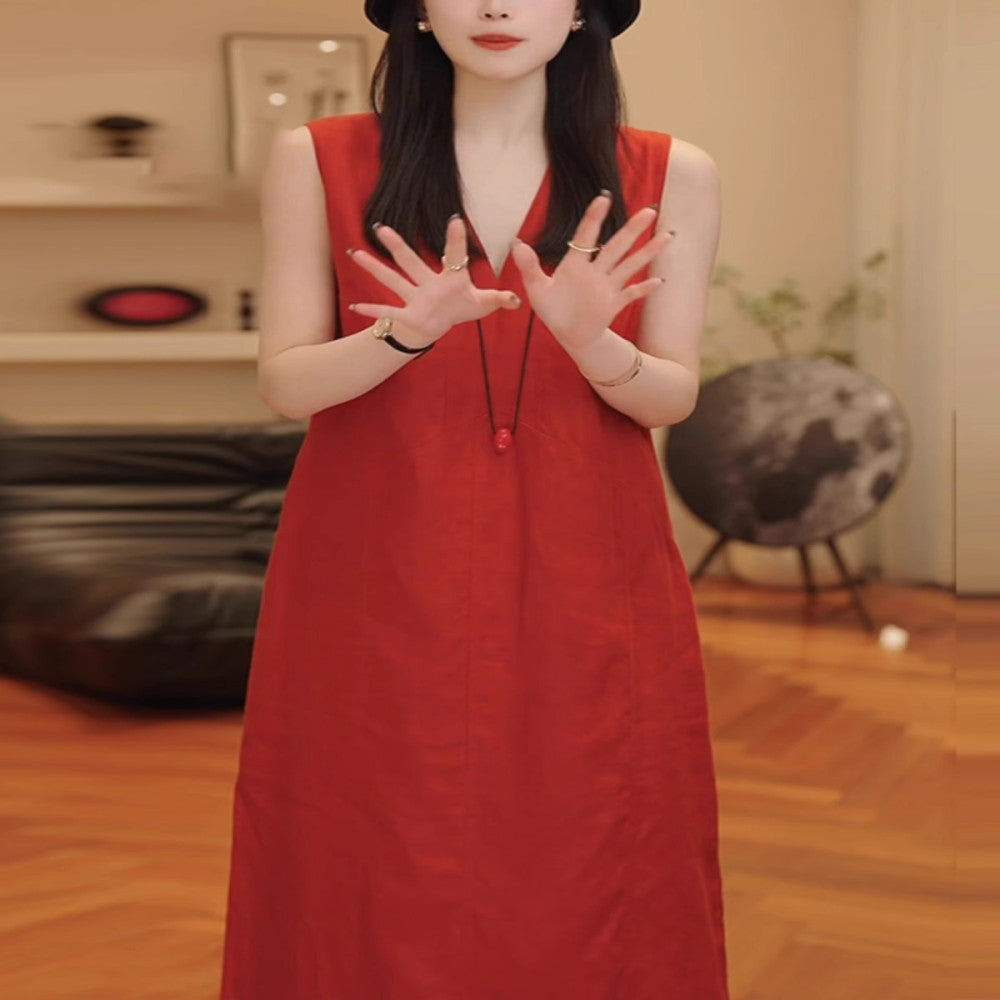 Red linen vest dress for women in summer new high end loose fitting women s long dress with temperament women s cotton and linen dress image 4