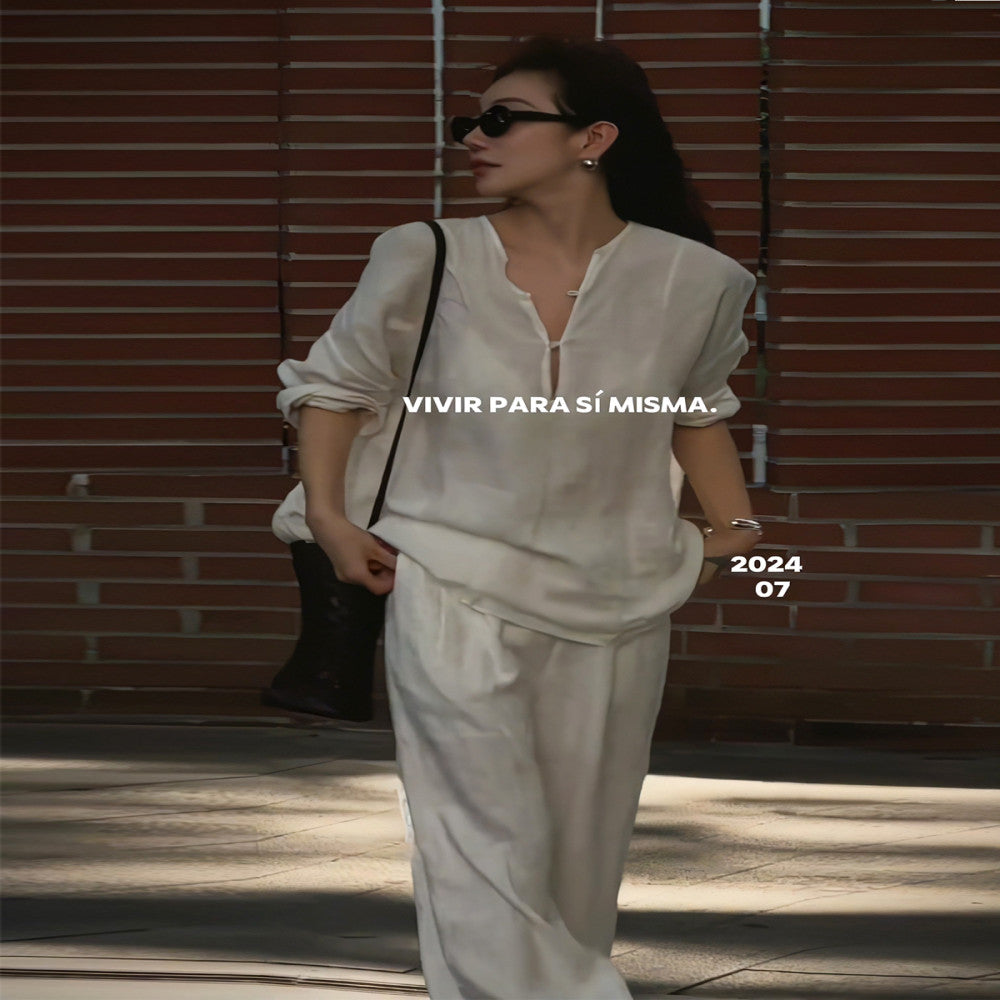 White fashionable loose casual drawstring 2025 summer new versatile casual pants with relaxed temperament high end set image 4