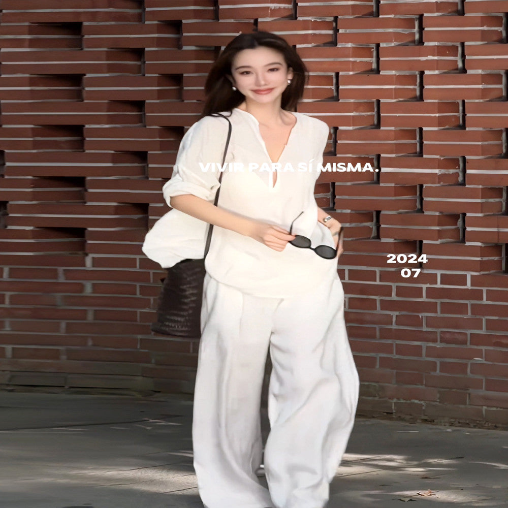 White fashionable loose casual drawstring 2025 summer new versatile casual pants with relaxed temperament high end set image 0