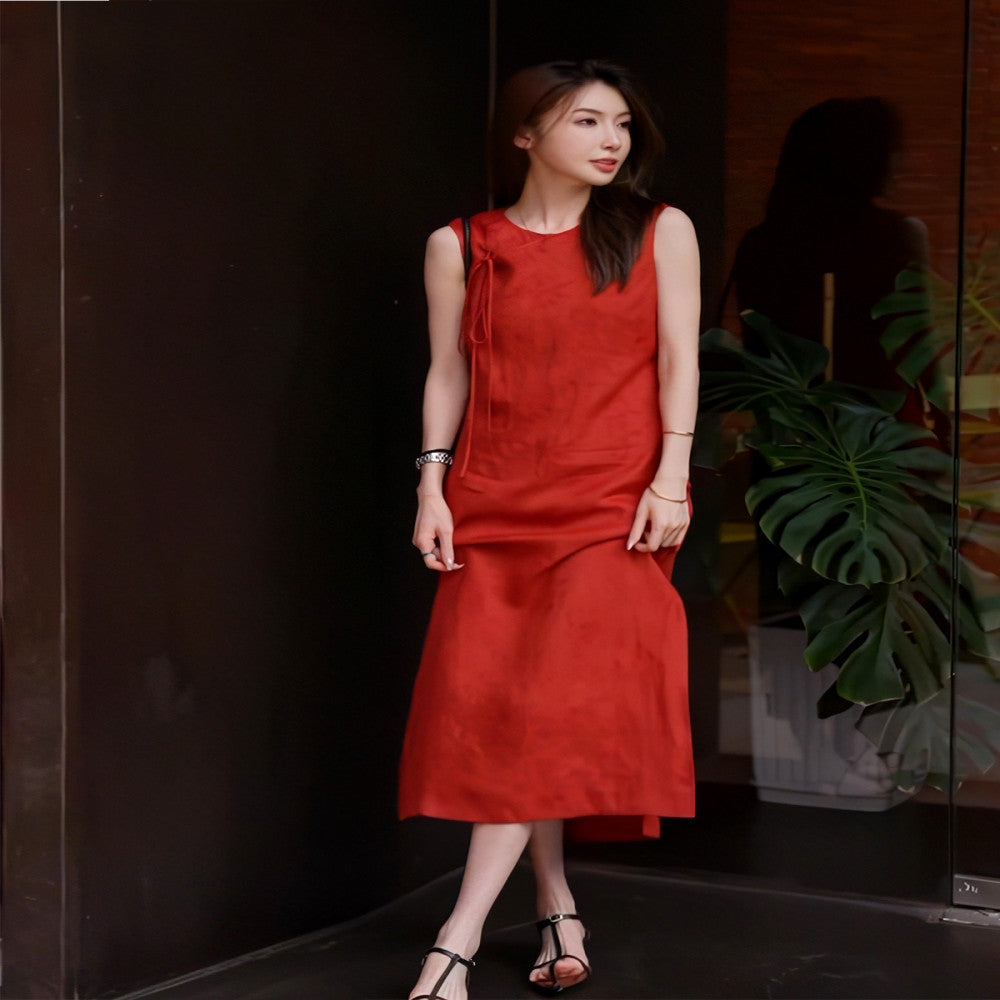Super good looking temperament simple and generous new Chinese style red linen dress children s clothing 2025 summer new style image 2
