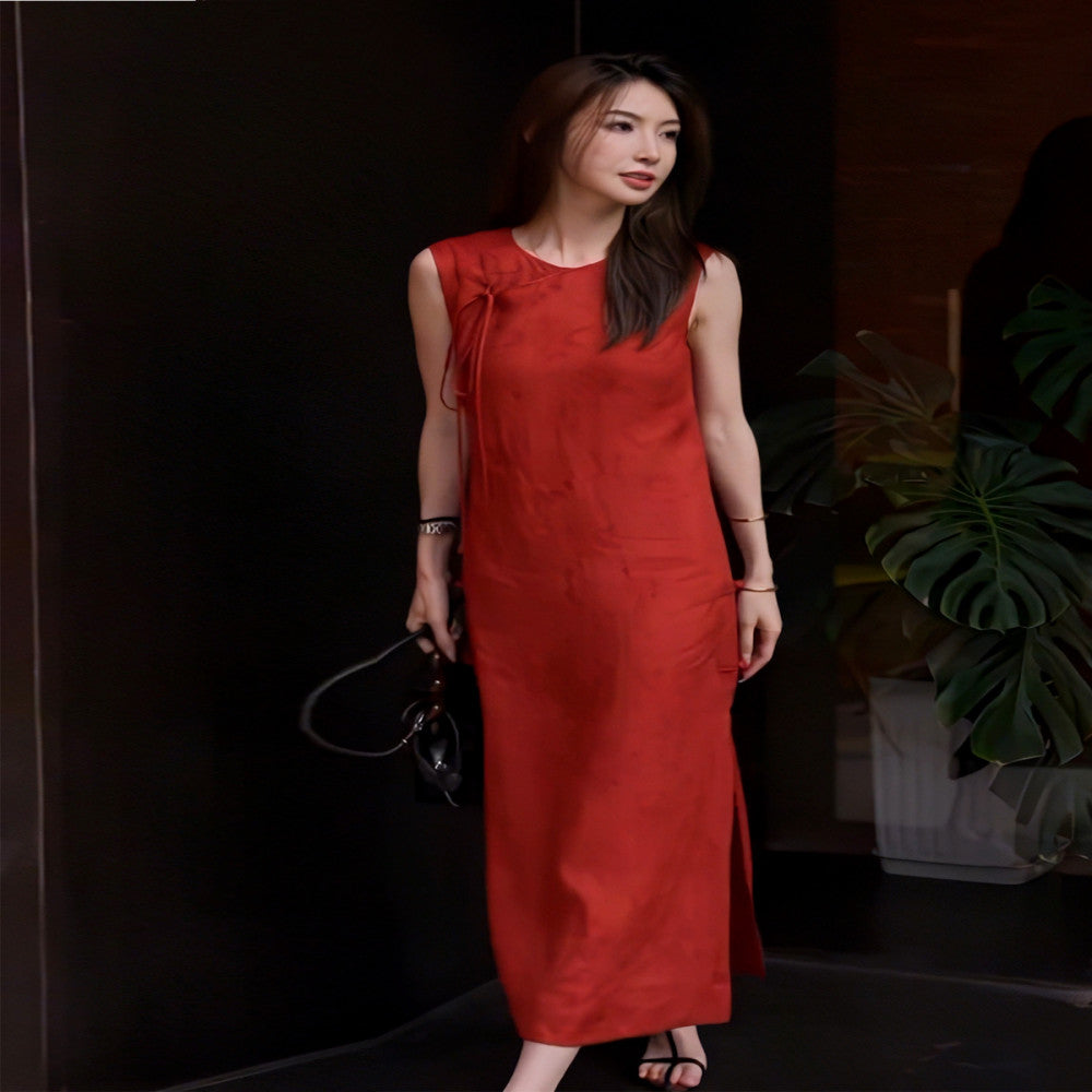 Super good looking temperament simple and generous new Chinese style red linen dress children s clothing 2025 summer new style image 4