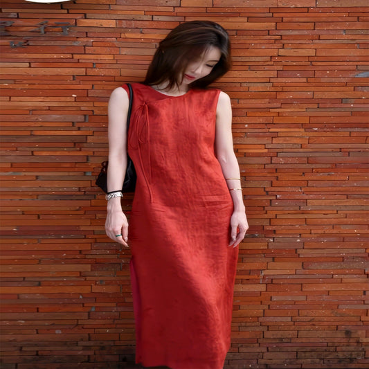ASAYA4529 – Elegant Red Sleeveless Linen Maxi Dress ❤️👗