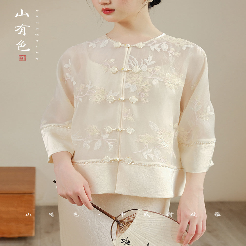 Mountain Colored Blue Smoke Silk New Chinese Style Heavy Industry Embroidery New Versatile Summer Silk Shirt Set image 14