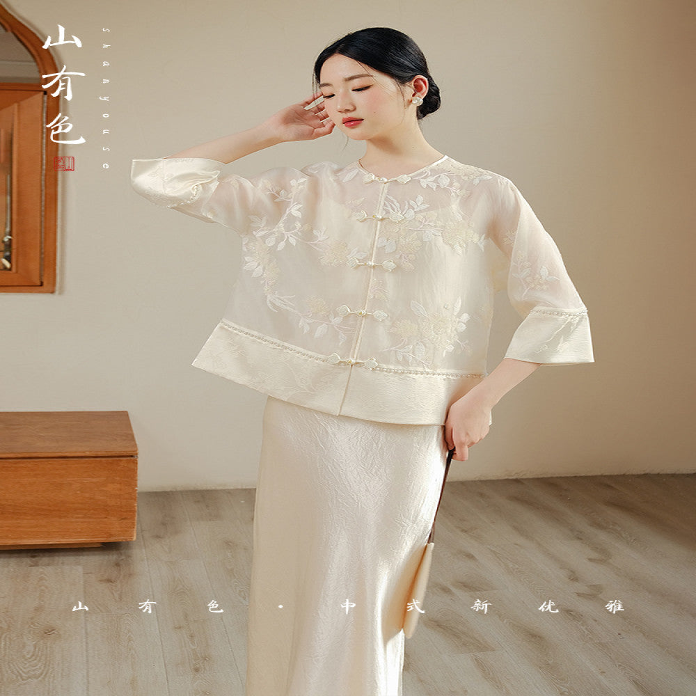 Mountain Colored Blue Smoke Silk New Chinese Style Heavy Industry Embroidery New Versatile Summer Silk Shirt Set image 21
