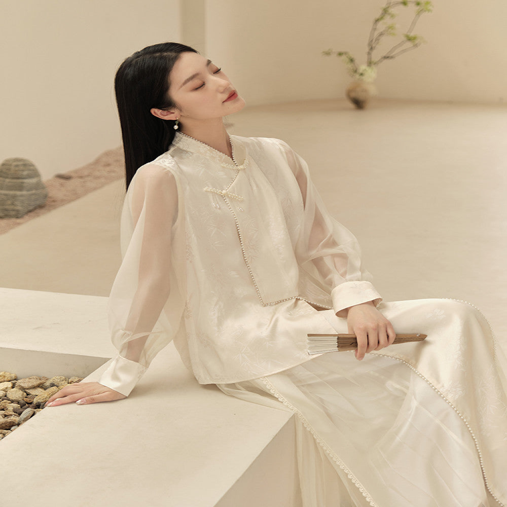 Mountain Colored Summer New Chinese Style Women s Clothing Improvement Qipao Top Zen Tea Clothes Rice White Half Skirt Set image 1