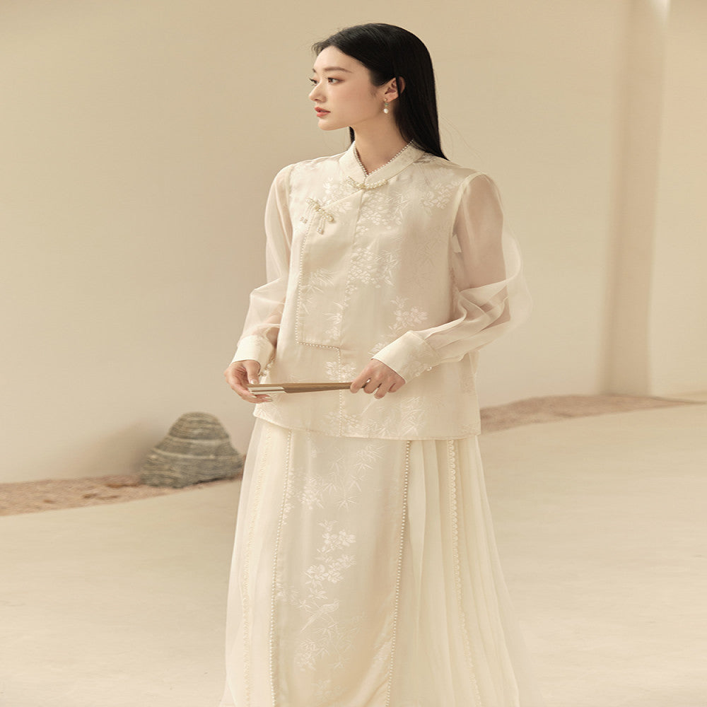 Mountain Colored Summer New Chinese Style Women s Clothing Improvement Qipao Top Zen Tea Clothes Rice White Half Skirt Set image 3