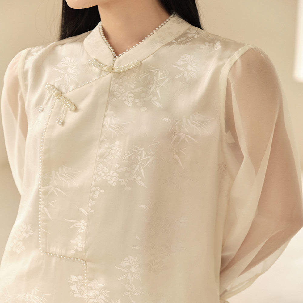 Mountain Colored Summer New Chinese Style Women s Clothing Improvement Qipao Top Zen Tea Clothes Rice White Half Skirt Set image 4