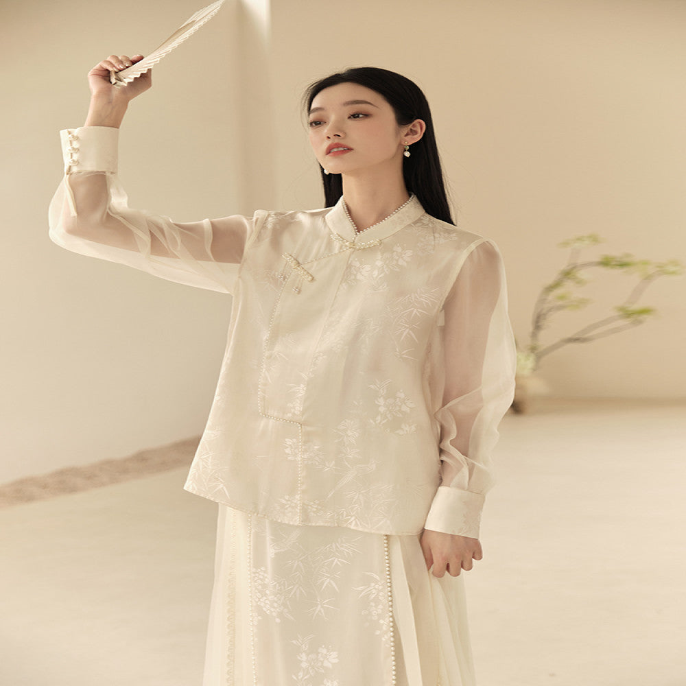 Mountain Colored Summer New Chinese Style Women s Clothing Improvement Qipao Top Zen Tea Clothes Rice White Half Skirt Set image 12
