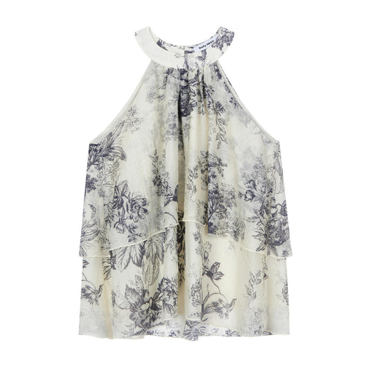 ASAYA4522 - Silk Blend Halter Top with Chinese Ink Floral Print 🎨🌿