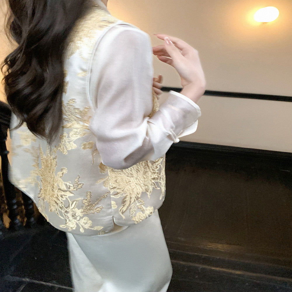 CChen Chen Xiafeng Yulu National style new Chinese style bamboo leaf collar shirt embroidered vest high end set image 4