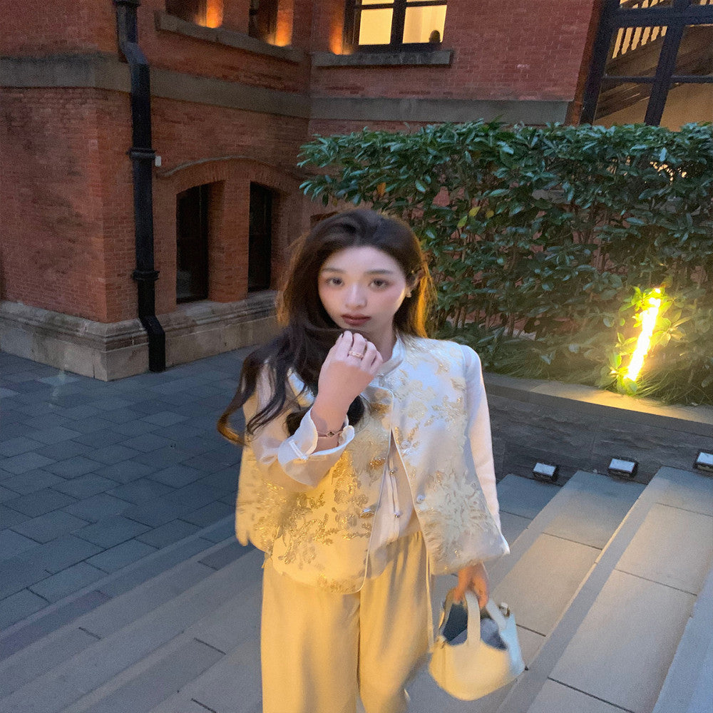 CChen Chen Xiafeng Yulu National style new Chinese style bamboo leaf collar shirt embroidered vest high end set image 10