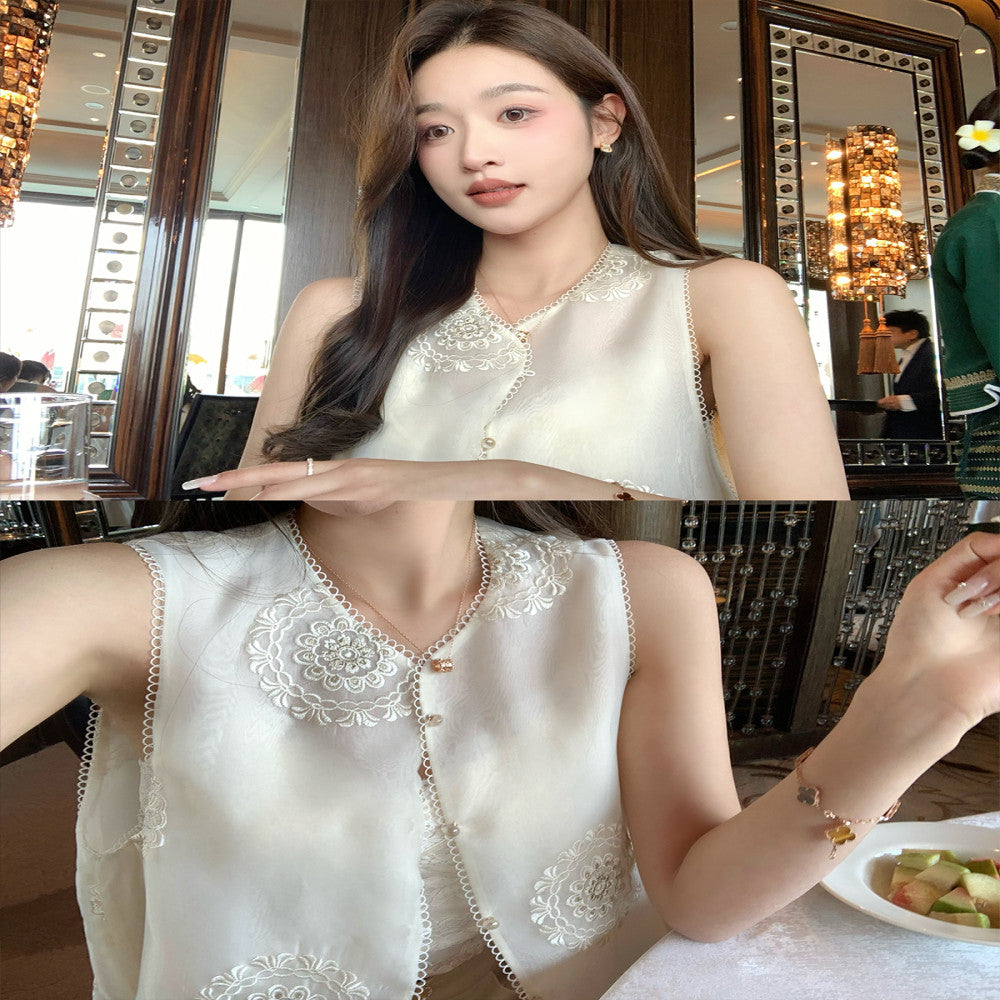 CChen Chen Quiet Floating Shadow 100 Mulberry Silk Vest Shirt Set Women s New Chinese Style Sleeveless Top image 11