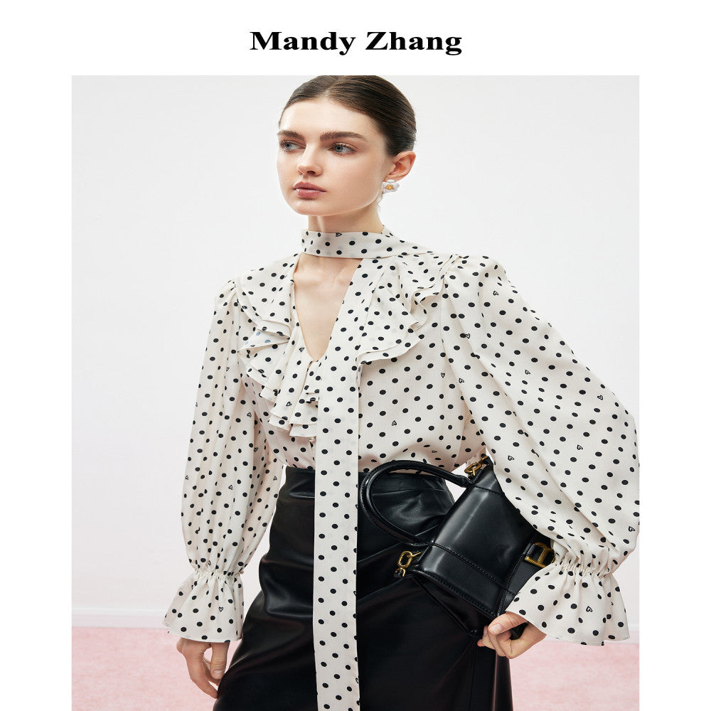 MandyZhang French bow ribbon retro love polka dot shirt women s autumn V neck temperament long sleeved top image 1