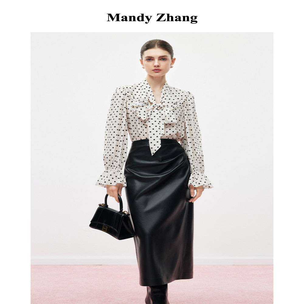 MandyZhang French bow ribbon retro love polka dot shirt women s autumn V neck temperament long sleeved top image 2