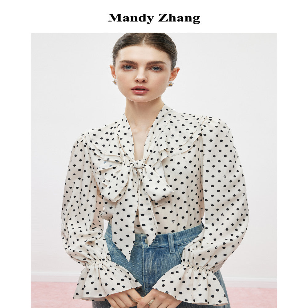 MandyZhang French bow ribbon retro love polka dot shirt women s autumn V neck temperament long sleeved top image 3