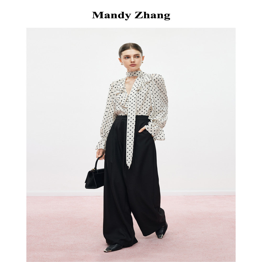 MandyZhang French bow ribbon retro love polka dot shirt women s autumn V neck temperament long sleeved top image 4